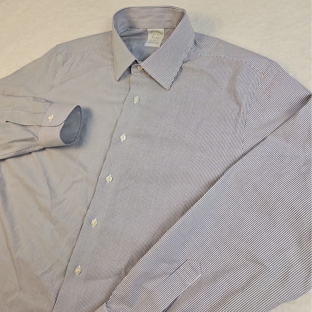 Brooks Brothers Milano Dress Shirt Blue Stripe 16.5 34 Mens Slim Fit
